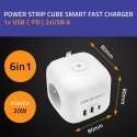 Qoltec Kostka zasilająca przedłużacz 6w1 su podświetlanym włącznikiem | 3x AC | 2x USB | 1x USB-C PD 20W | Balta | Kabelis 2m Qoltec Kostka zasilająca przedłużacz 6w1 su podświetlanym włącznikiem | 3x AC | 2x USB | 1x USB-C PD 20W | Balta | Kabelis 2m
