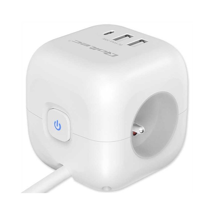 Qoltec Kostka zasilająca przedłużacz 6w1 su podświetlanym włącznikiem | 3x AC | 2x USB | 1x USB-C PD 20W | Balta | Kabelis 2m – 5