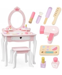 Viga Toys VIGA Suuri puinen peilipöytä, valkoinen ja pinkki peilillä ja tuolilla
