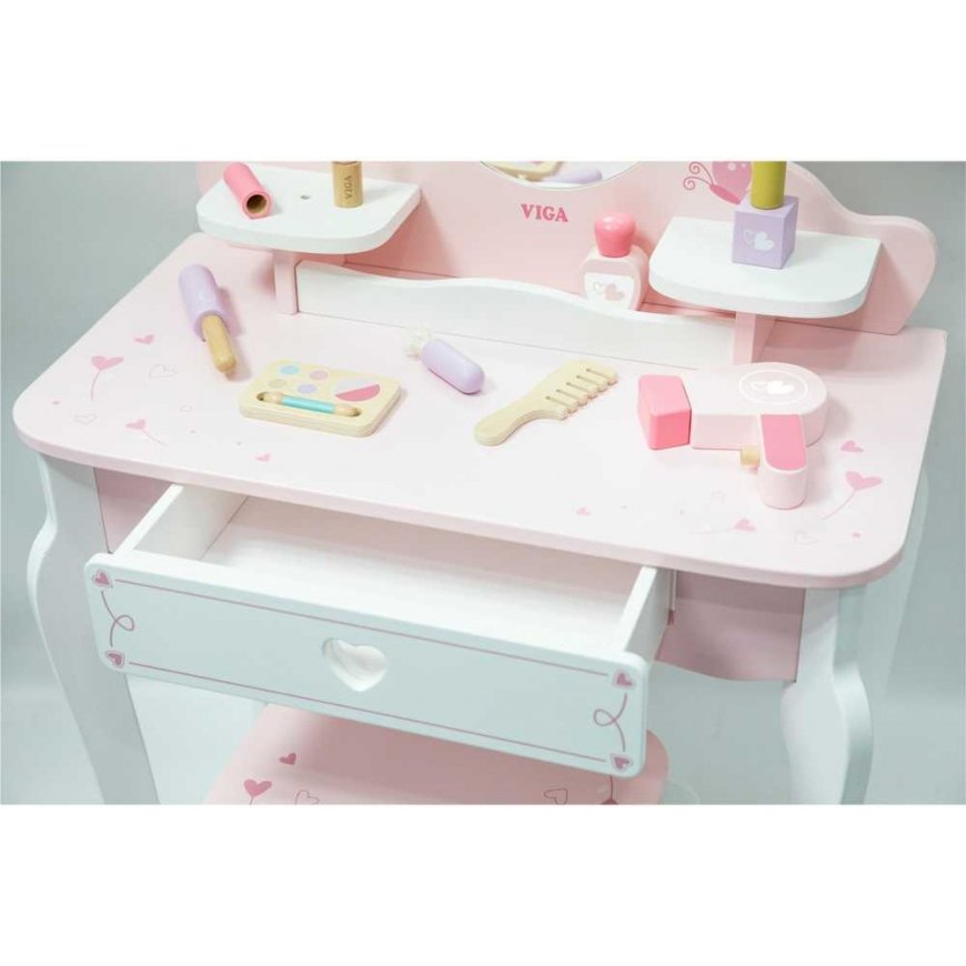 Viga Toys VIGA Suuri puinen peilipöytä, valkoinen ja pinkki peilillä ja tuolilla – 2