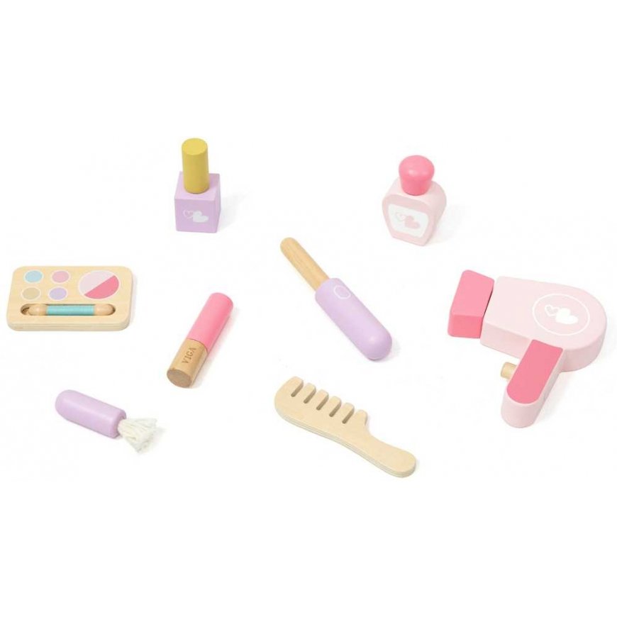 Viga Toys VIGA Didelis medinis kosmetinis staliukas baltas ir rožinis su veidrodžiu ir kėde – 4