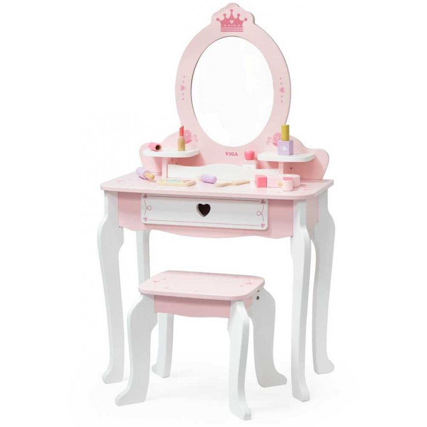 Viga Toys VIGA Didelis medinis kosmetinis staliukas baltas ir rožinis su veidrodžiu ir kėde – 5