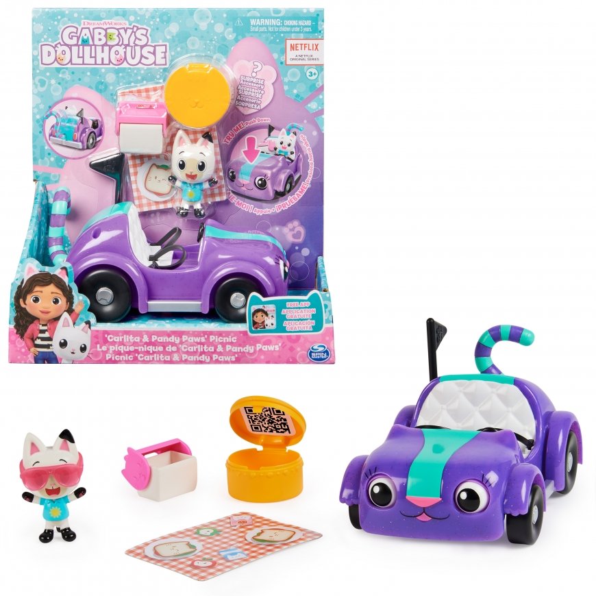 Gabby's Dollhouse , Carlita Toy Car with Pandy Paws Collectible Figure and 2 Accessories, Kids Toys 