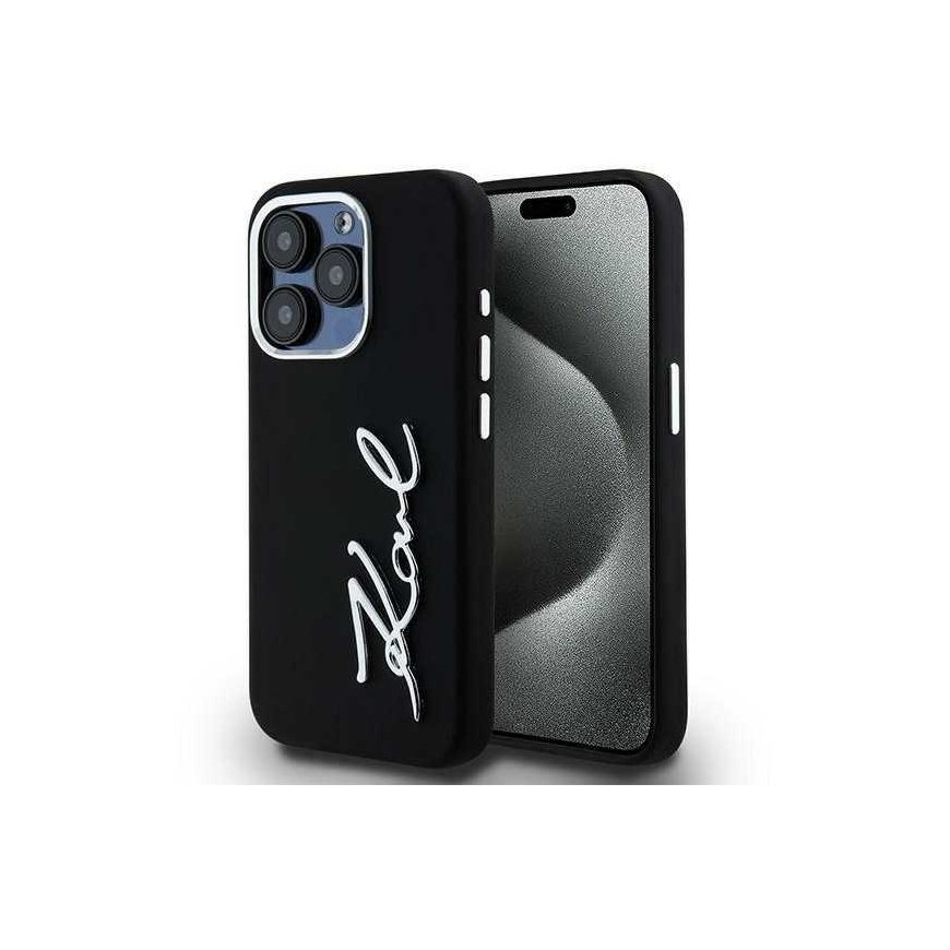 Karl Lagerfeld Silicone Metal Script Logo Case for iPhone 15 Pro Max black