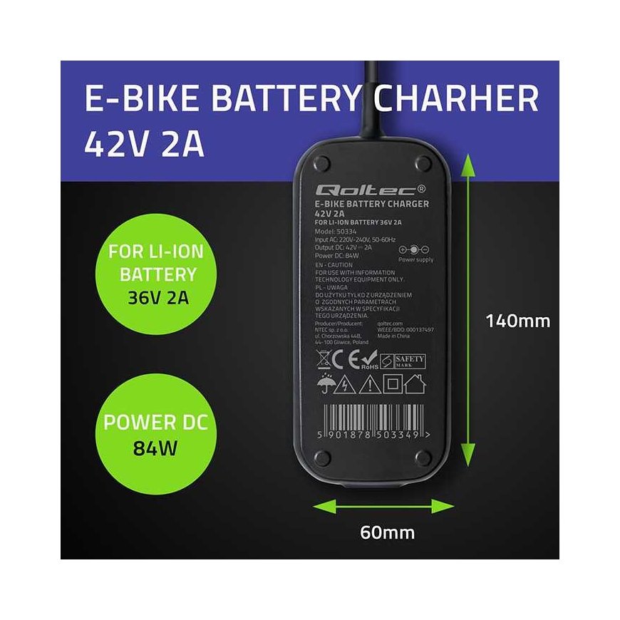 Qoltec Szybka Įkroviklis do roweru skutera elektrycznego XIAOMI 36V | 42V | 2A | 8.0*8.0mm+pin | wodoodporna +kabelis zasilający – 3