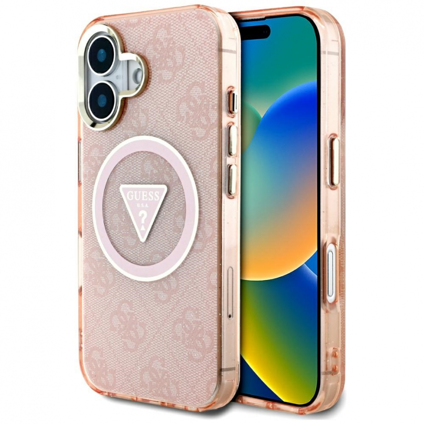 Dėklas Guess IML Metal Glitter 4G Circle Triangle MagSafe do iPhone 16 rožinė – 2