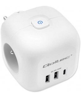 Qoltec Kostka zasilająca przedłużacz 6w1 with podświetlanym wzącznikie | 3x AC | 2x USB | 1x USB-C PD 20W | White