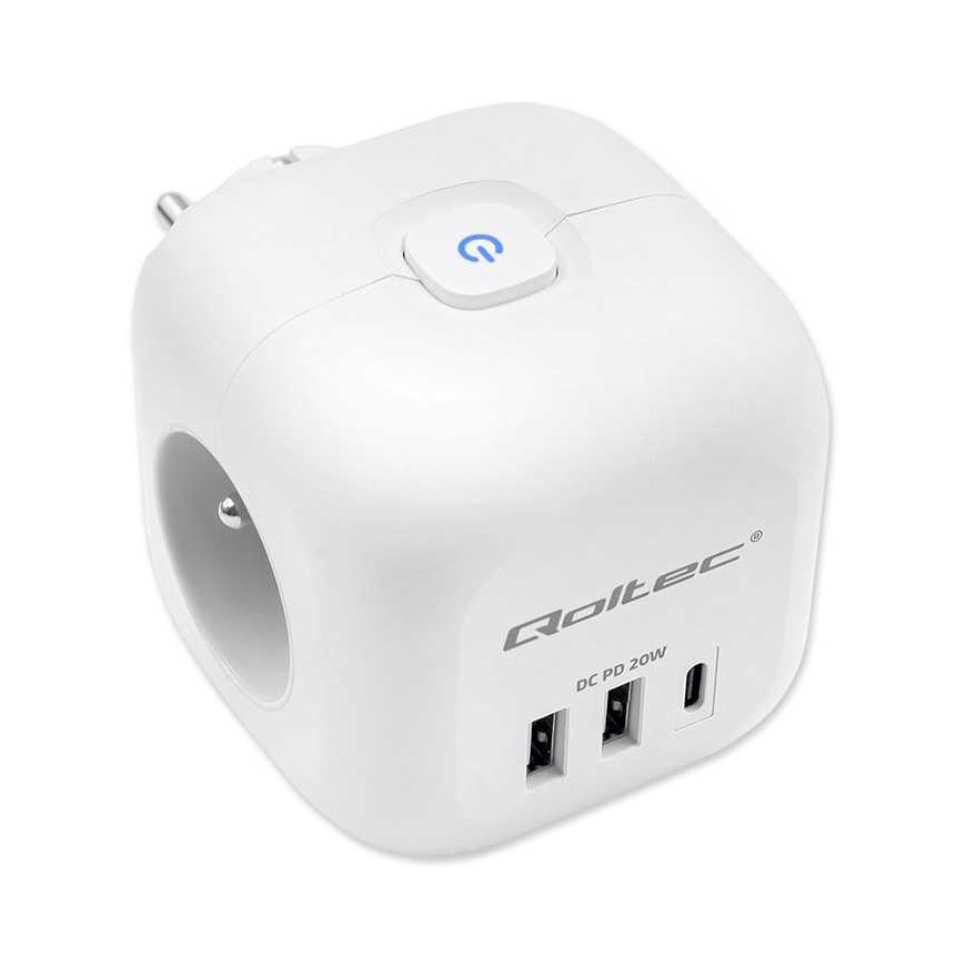 Qoltec Kostka zasilająca przedłużacz 6w1 su podświetlanym włącznikiem | 3x AC | 2x USB | 1x USB-C PD 20W | Balta