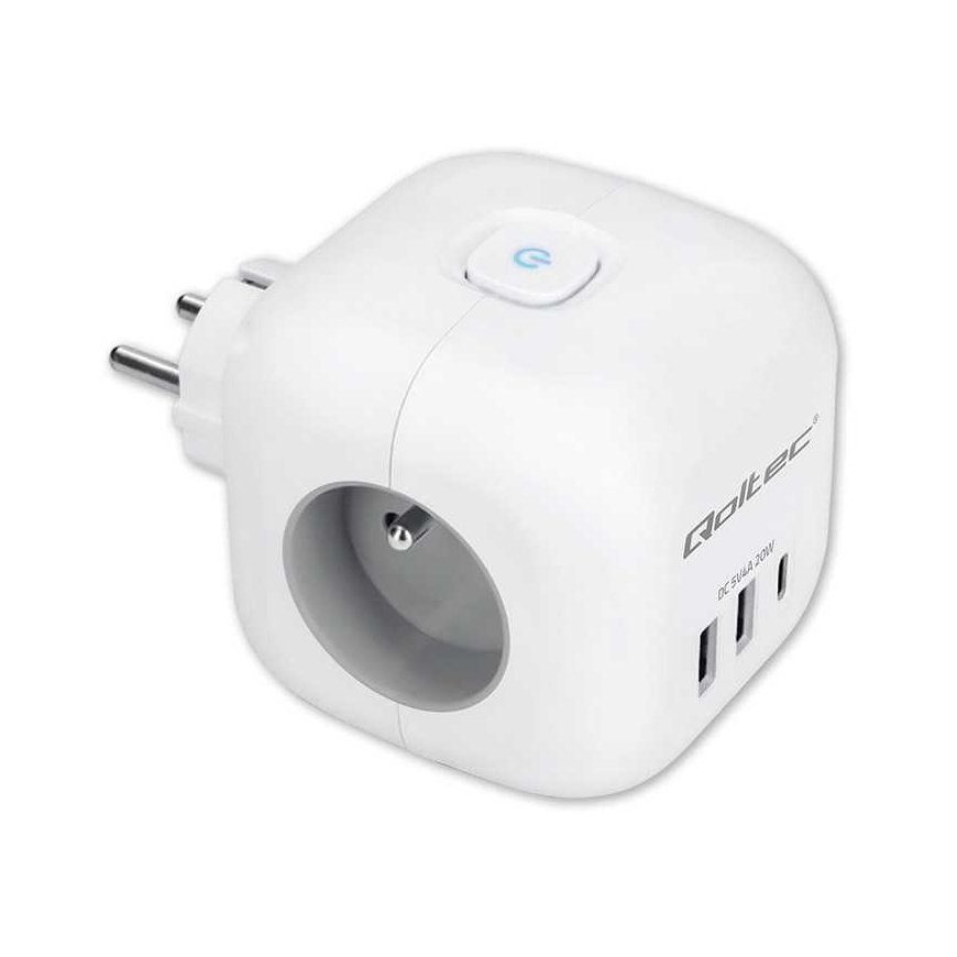 Qoltec Kostka zasilająca przedłużacz 6w1 podświetlanym wzącznikie | 3x AC | 2x USB | 1x USB-C PD 20W | Valkoinen – 3