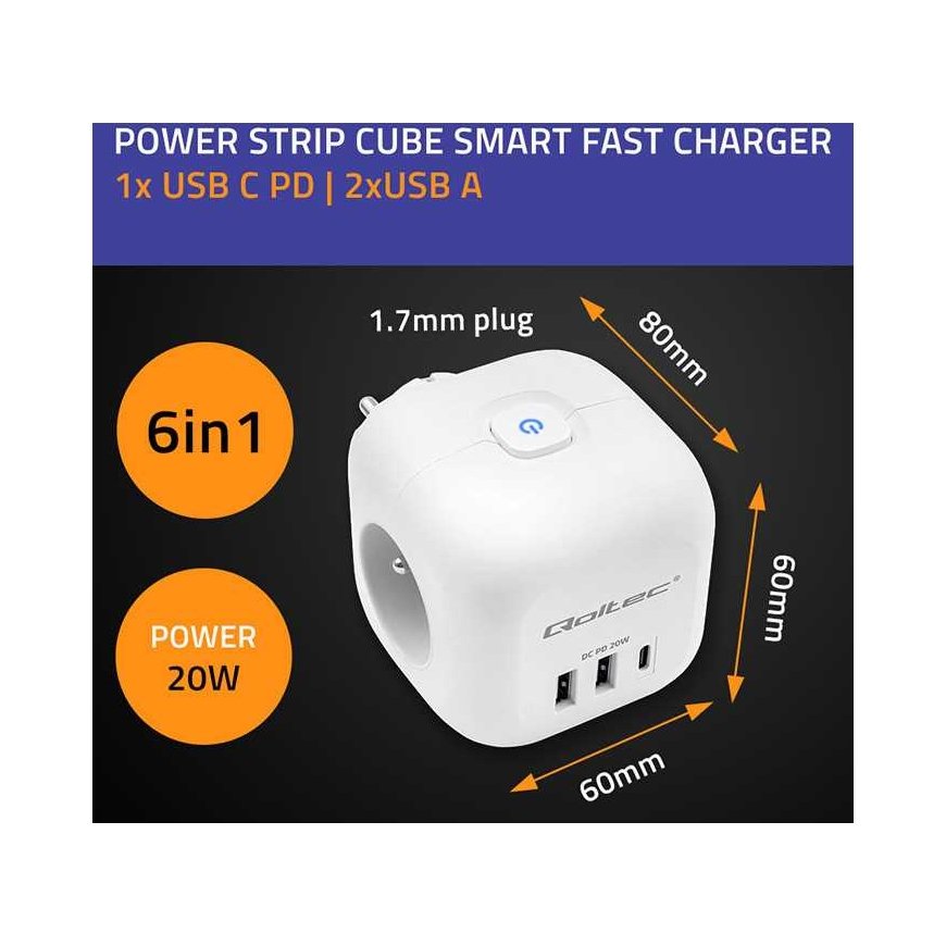 Qoltec Kostka zasilająca przedłużacz 6w1 su podświetlanym włącznikiem | 3x AC | 2x USB | 1x USB-C PD 20W | Balta – 4