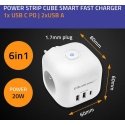 Qoltec Kostka zasilająca przedłużacz 6w1 podświetlanym wzącznikie | 3x AC | 2x USB | 1x USB-C PD 20W | Valkoinen Qoltec Kostka zasilająca przedłużacz 6w1 podświetlanym wzącznikie | 3x AC | 2x USB | 1x USB-C PD 20W | Valkoinen