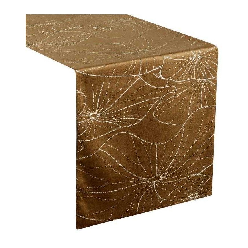 Eurofirany BLINK / 18 Velvet table runner with water lily leaf pattern, 35X180 cm, color: brown – 2