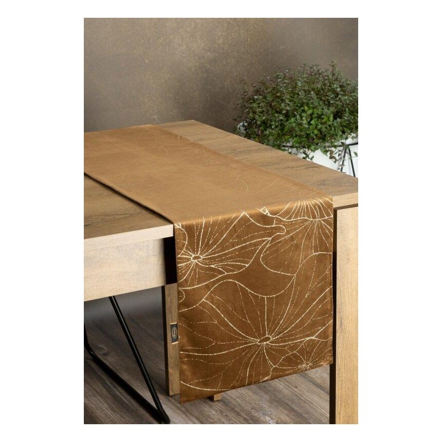 Eurofirany BLINK / 18 Velvet table runner with water lily leaf pattern, 35X180 cm, color: brown – 3