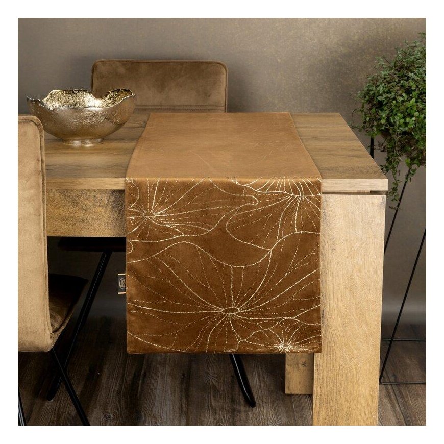 Eurofirany BLINK / 18 Velvet table runner with water lily leaf pattern, 35X180 cm, color: brown – 4