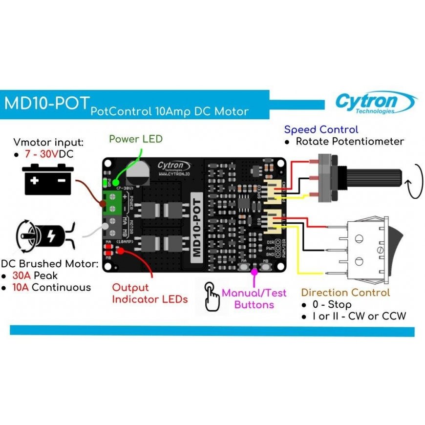 Cytron MD10-POT - DC-moottoriohjain 30V/10A + kytkin + potentiometri – 4