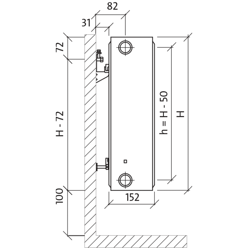 Bottom connection radiator Purmo CV 33, 300-2000 – 3
