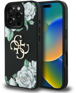 Dėklas Guess Grained Roses Big 4G logo do iPhone 16 Pro juoda
