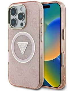 Case Guess IML Metal Glitter 4G Circle Triangle MagSafe for iPhone 16 Pro Max pink