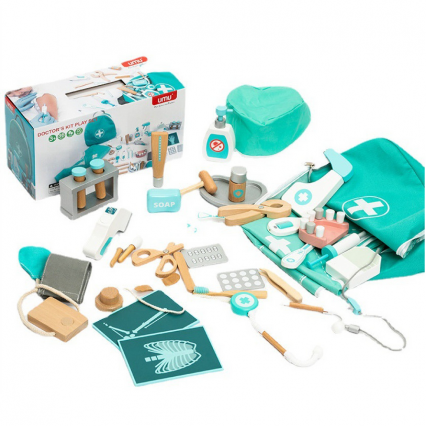 Lean Toys Puinen leikkisetti lääkärille ja hammaslääkärille tarvikkeineen, 20 osaa – 3
