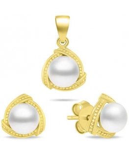 Brilio Silver Gold-plated authentic pearl jewelry set SET268Y (earrings, pendant)