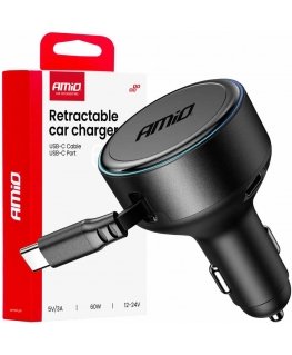Car charger with retractable cable type c + usb-c 12v 24v 60w amio-04368