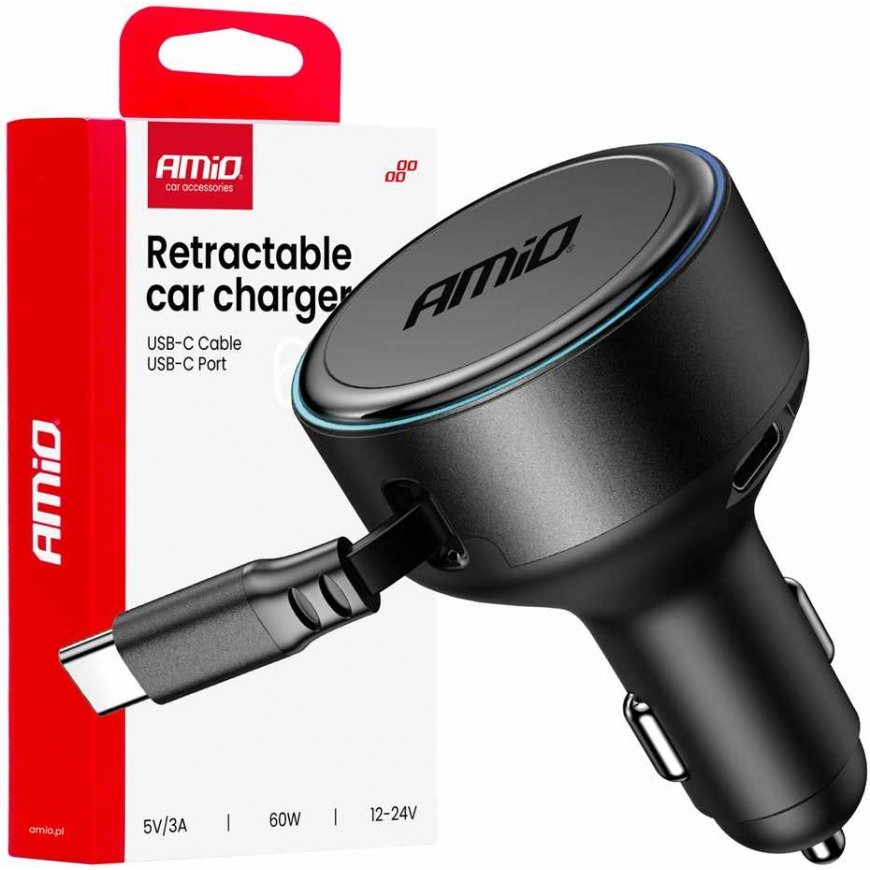 Car charger with retractable cable type c + usb-c 12v 24v 60w amio-04368