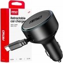 Car charger with retractable cable type c + usb-c 12v 24v 60w amio-04368