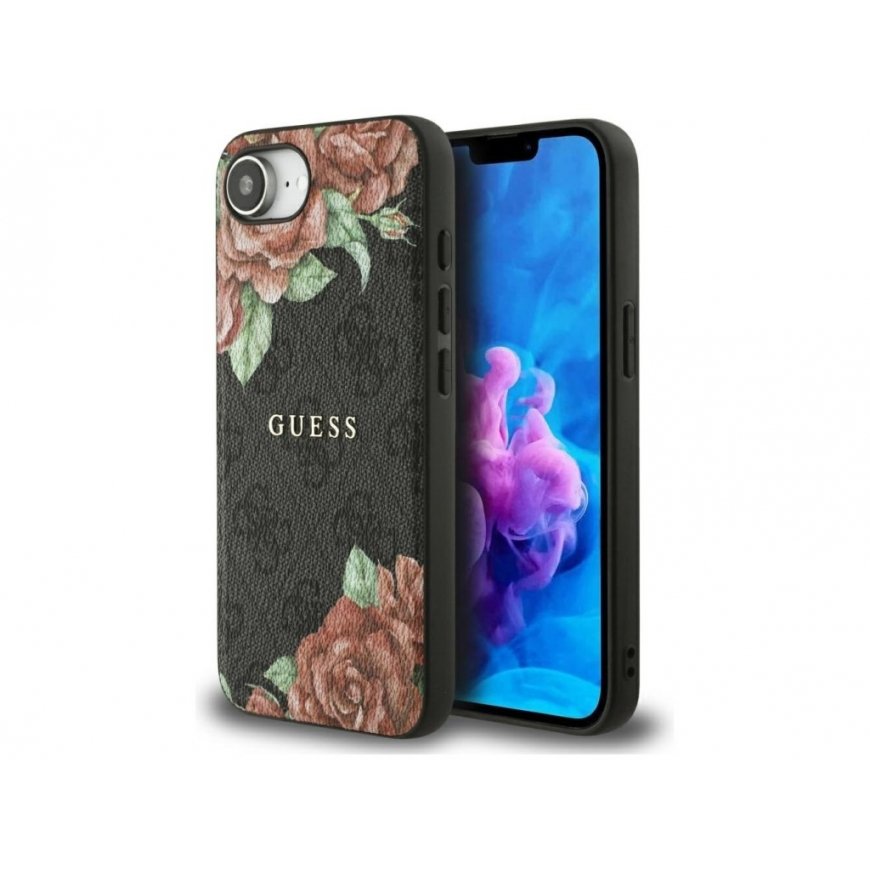 Case Guess 4G Flowers Print MagSafe for iPhone 16e black