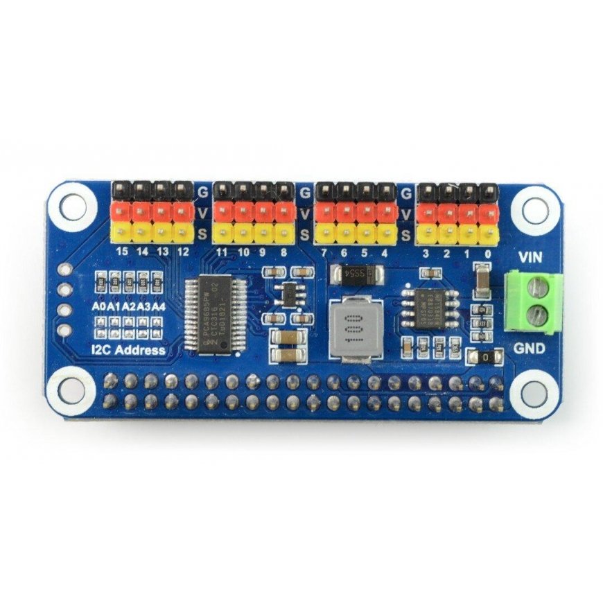 Servo controller board for Raspberry Pi, 16 channels, 12 bits, I2C, Waveshare 15275 – 3