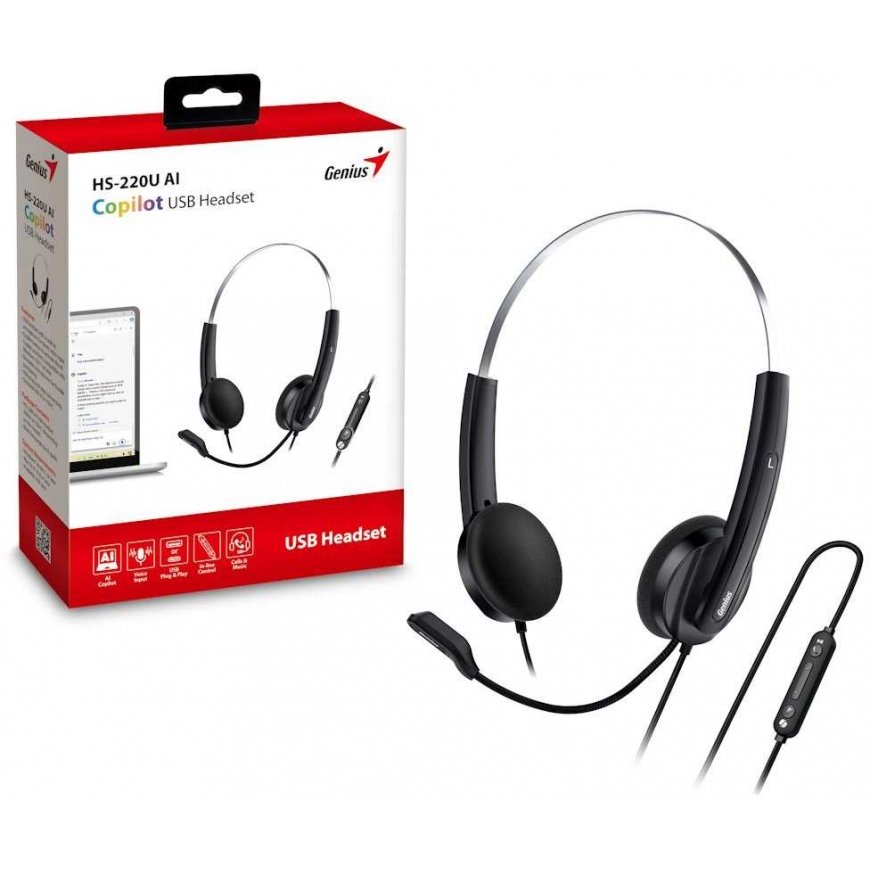 Genius HS-220U AI headphones, in-ear microphone, wired black, 2.0, lockable, USB - C – 2