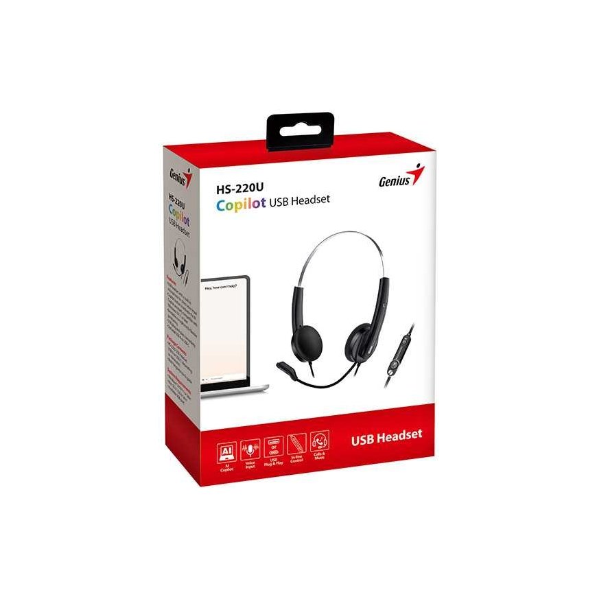 Ausinės Genius HS-220U AI, į ausis įkišamas mikrofonas, laidinis juodas, 2.0, rakinamas, USB - C – 5