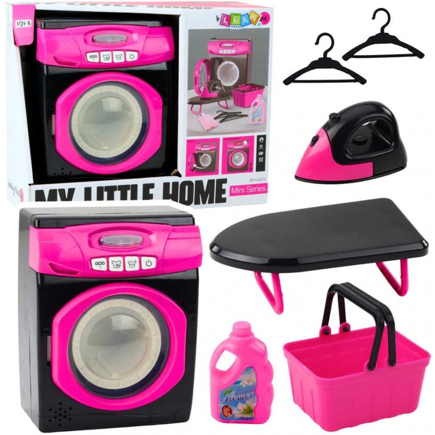 Lean Toys Home Appliances Set Interactive Washing Machine Sounds Accessories Black and Pink