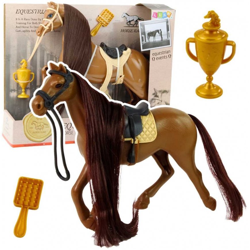 Lean Toys Horse with Long Mane Saddle Cup Brush Accessories Brown