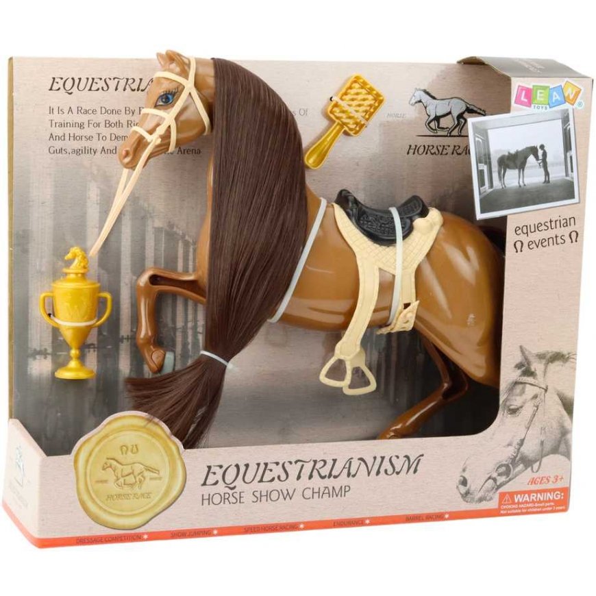 Lean Toys Horse with Long Mane Saddle Cup Brush Accessories Brown – 4