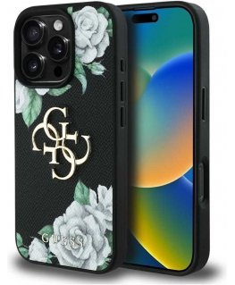 Case Guess Grained Roses Big 4G logo for iPhone 16 Pro Max black