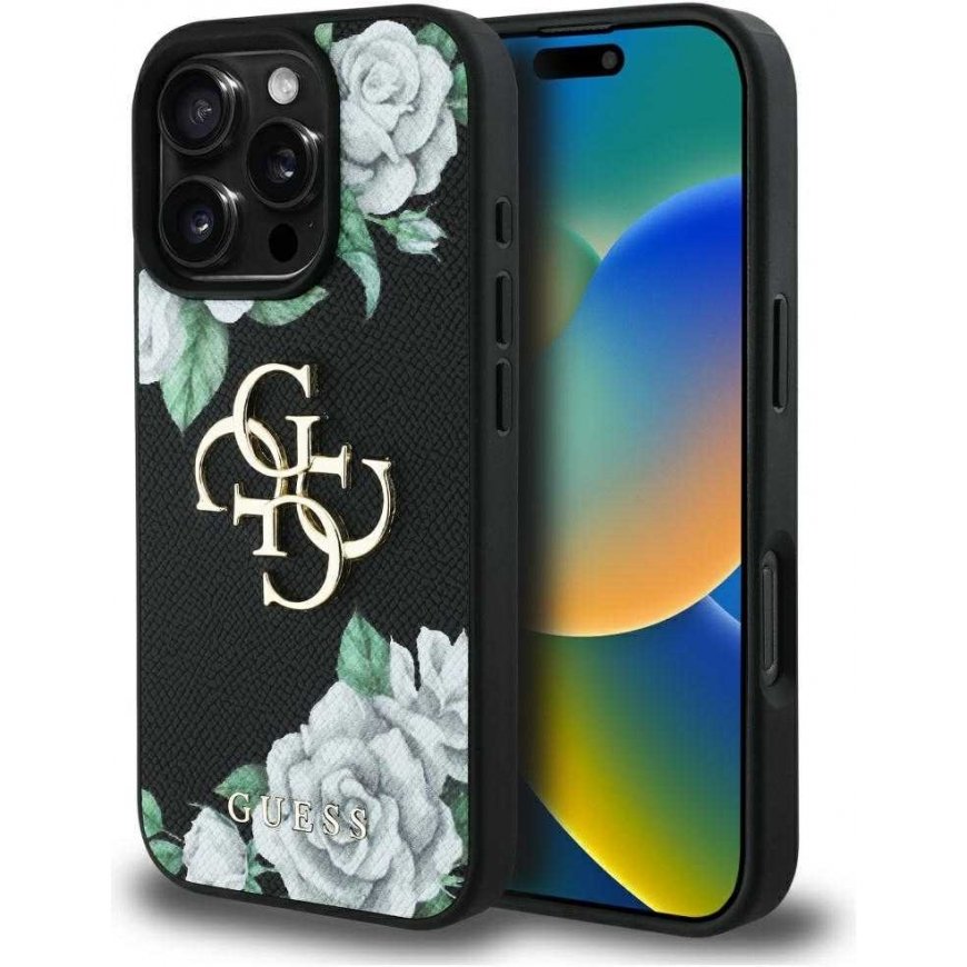 Case Guess Grained Roses Big 4G logo for iPhone 16 Pro Max black
