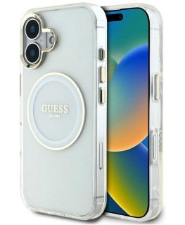 Case Guess IML Metal Colored Circle Classic Logo MagSafe iPhone 16:lle valkoinen