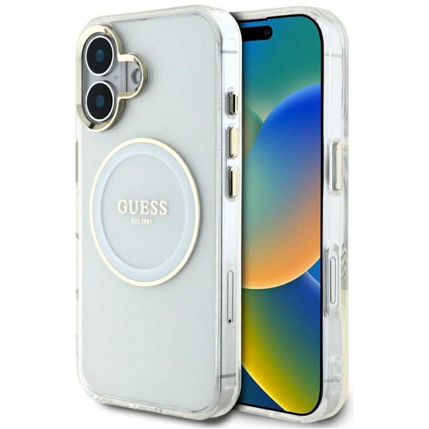 Case Guess IML Metal Colored Circle Classic Logo MagSafe iPhone 16:lle valkoinen