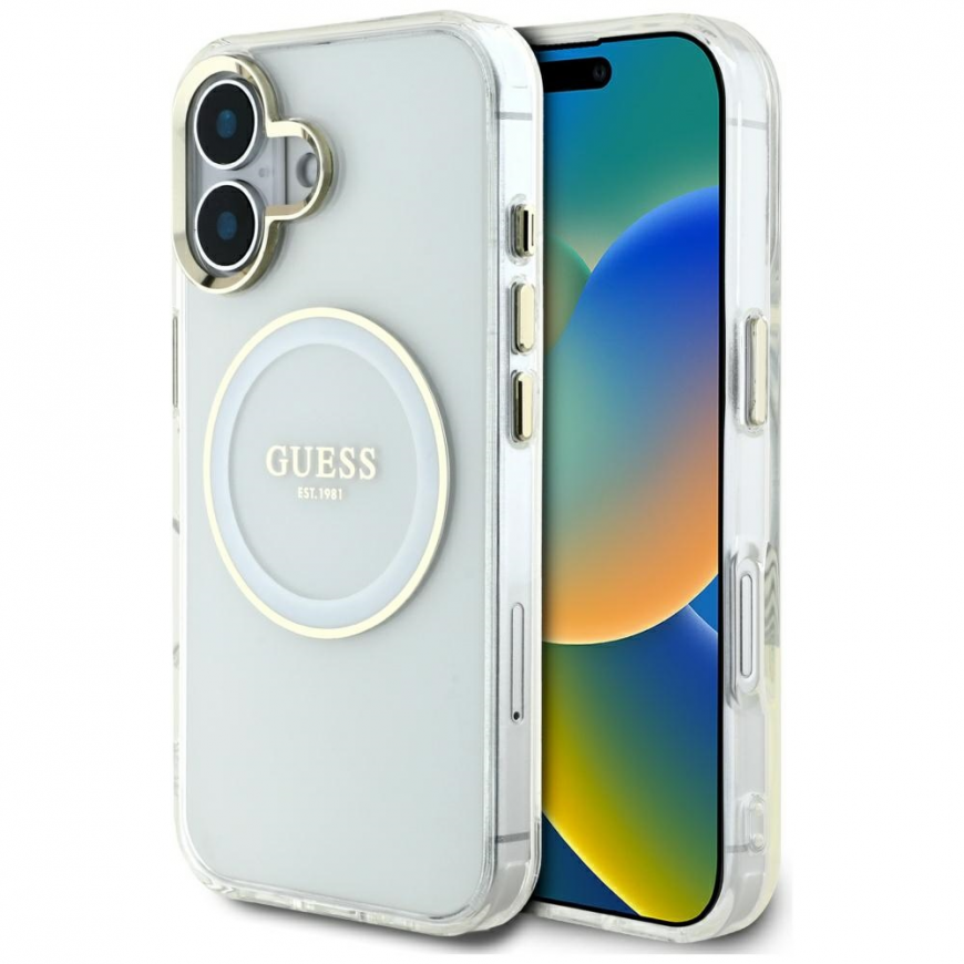 Case Guess IML Metal Colored Circle Classic Logo MagSafe iPhone 16:lle valkoinen – 2