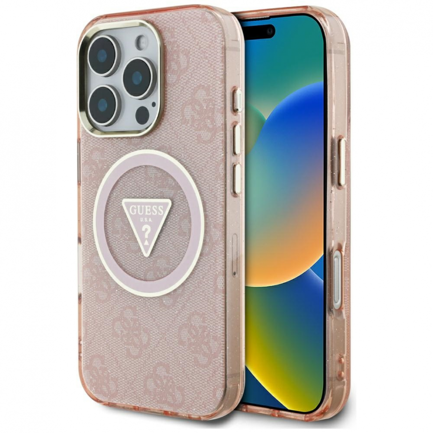 Guess IML Metal Glitter 4G Circle Triangle MagSafe Case for iPhone 16 Pro - Pink – 2