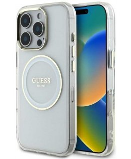 Case Guess IML Metallivärinen Circle Classic Logo MagSafe iPhone 16 Pro Max:lle valkoinen