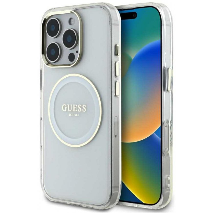 Case Guess IML Metallivärinen Circle Classic Logo MagSafe iPhone 16 Pro Max:lle valkoinen