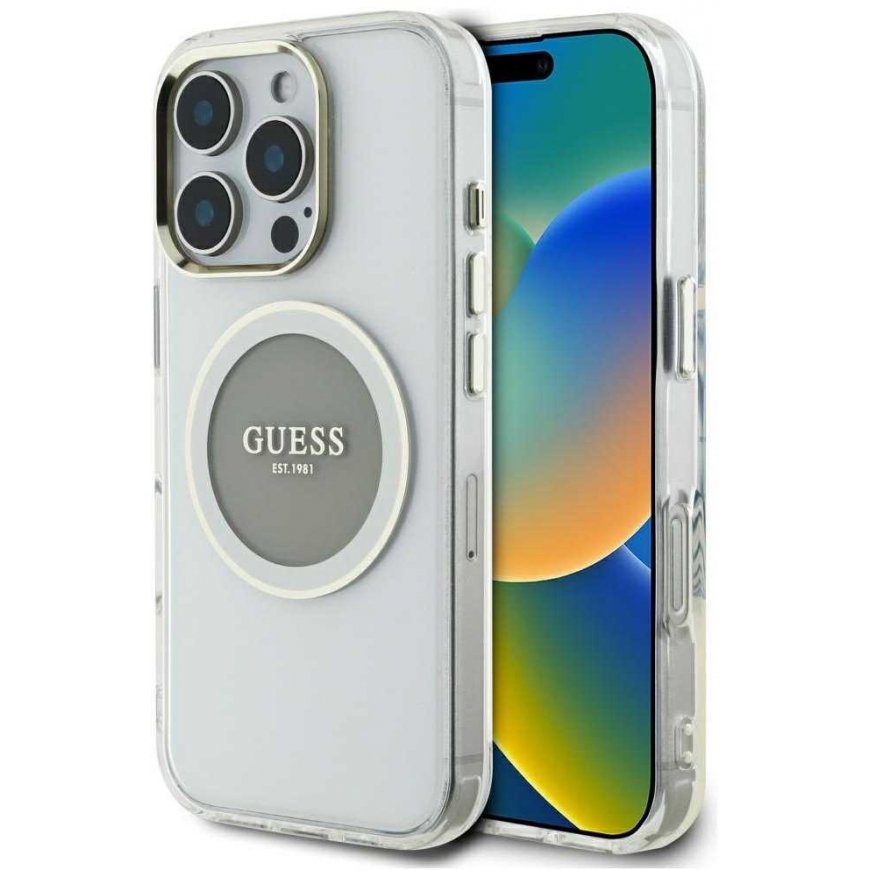 Kotelo Guess IML Metallivärinen Circle Classic Logo MagSafe iPhone 16 Prolle harmaa