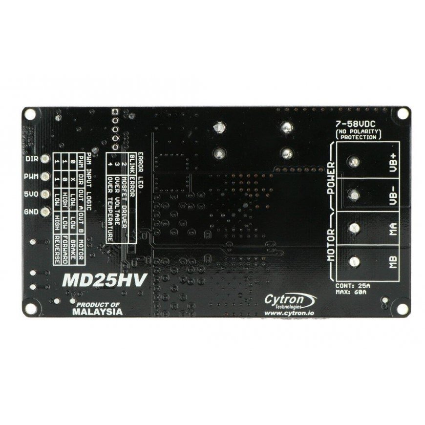 Cytron MD25HV - single channel DC motor controller - 7V-58V/25A – 4