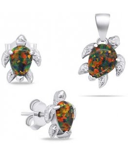 Brilio Silver Playful silver jewelry set with opals Turtle SET235WBC (earrings, pendant)