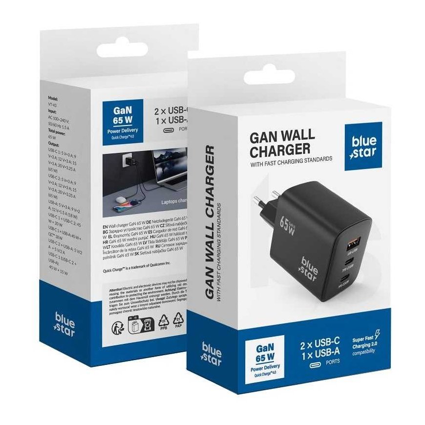 BlueStar Blue STAR travel charger GaN 4A 65W 2 x Type C + USB A PD QC4.0 VT-43 black