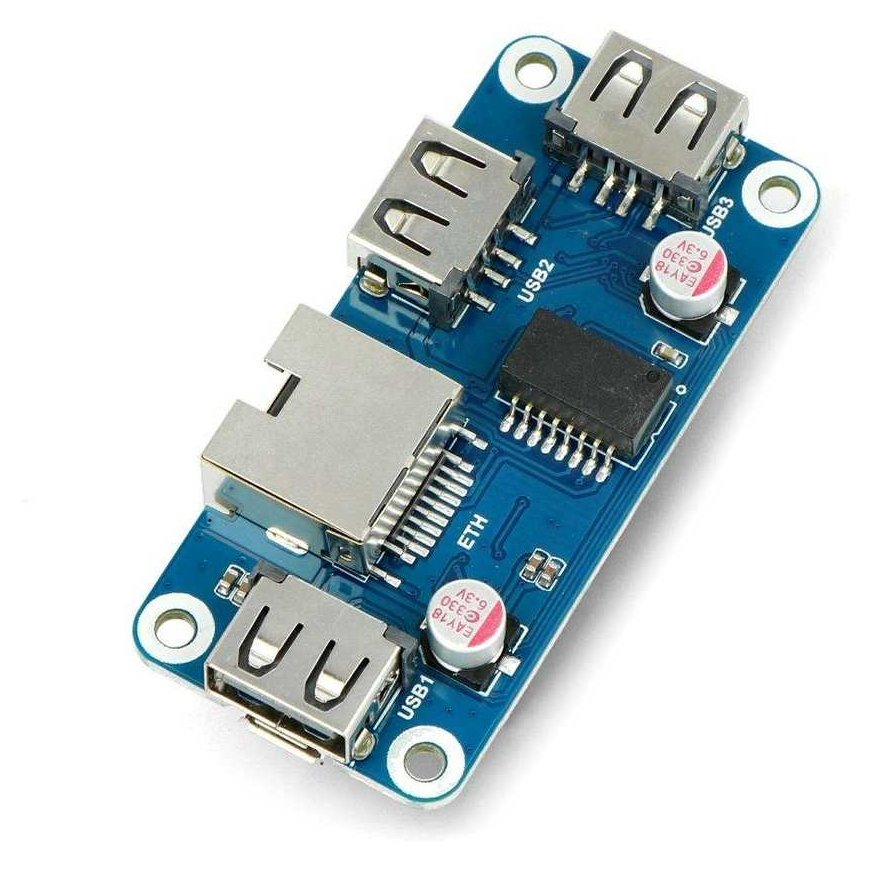 Ethernet/USB (B) HUB - 3xUSB 1xRJ45 Ethernet - priekinės dalies priedėlis, skirtas Raspberry Pi - Waveshare 20416