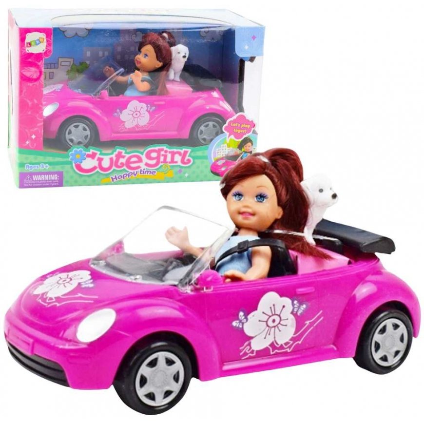 Lean Toys -nukke vaaleanpunaisessa avoautossa pennun kanssa