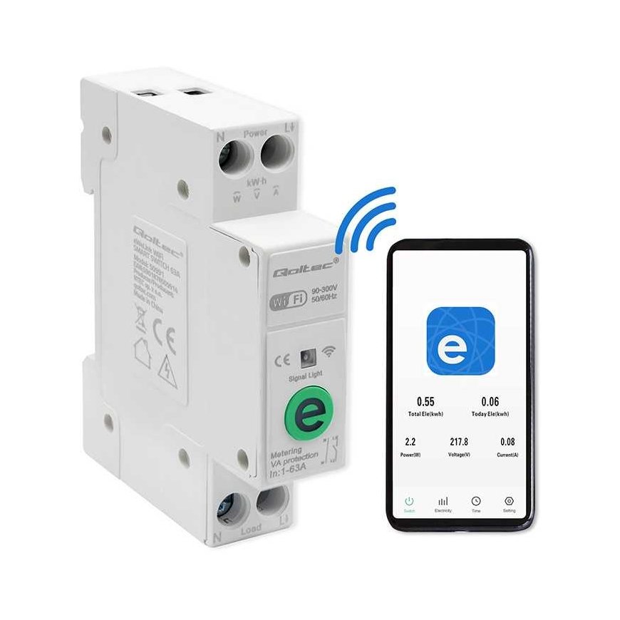 Qoltec Przekaźnik 63A na szynę DIN with licznikiem energii elektrycznej | eWeLink from Sonoff | Wi-Fi | Diode LED – 5