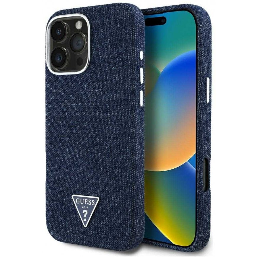 Guess Denim Triangle Logo MagSafe iPhone 16 Pro Dėklas - Mėlyna